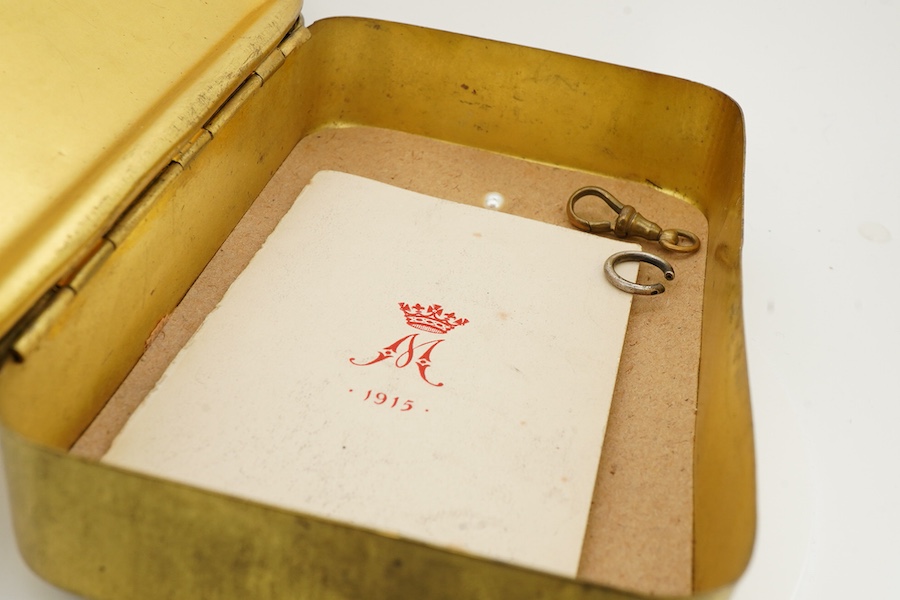 Two silver pocket watches and a 1914 Queen Mary Christmas box, comprising: a case silver pocket watch, London hallmarks, date letter for 1873; and an open-faced silver pocket watch, Swiss assay marks for silver; in a gil